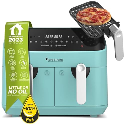 TurboTronic Doppel Heißluftfritteuse XXL, digitale Heißluft-Fritteuse, 9L (2x 4,5L Doppelkammer), 12 Programme, Airfryer, Fritteuse ohne Fett (türkis)