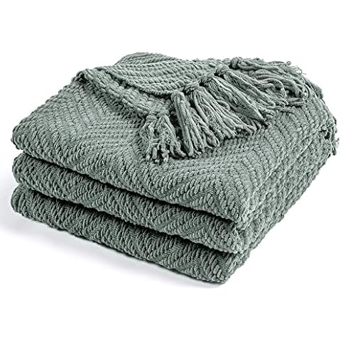 RECYCO Chenille Knit Throw Blanket for Couch(152x127cm), Super Soft Warm Cozy Decorative Sage Green Knitted Blanket Throw with Tassels for Bed Sofa Chair, Woven Chenille Blanket with Bonus Laundry Bag Cover