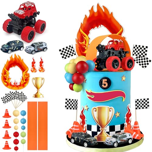 30PCS Truck Cake Decorations Truck Cake Toppers Red Blue Yellow Green Balls Race Car Cake Toppers for Truck Themed Racing Car Party Decorations Supplies