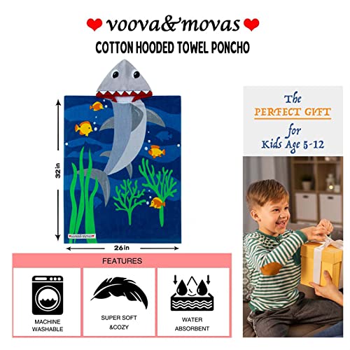 Kids Beach Towels With Hood - Oversized 64"X26", Bathrobe For Boys And Girls Aged 5-12 - Absorbent Cotton Poncho Cover-Up - Perfect For Summer Pool | Bath | Beach | Birthday Gifts, Fun Shark Design #TOP4