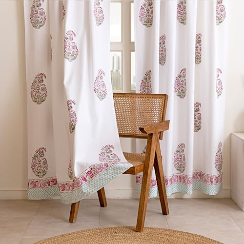 Image of LINENWALAS Decorative Printed Cotton Semi Sheer Curtains 7 Feet Long Set of 2 Panel, Eyelet Ring Hanging, Paisley Bloom Curtains for Children Room, Living Room, Home Decor (L-7 x W-4.5 Feet), White