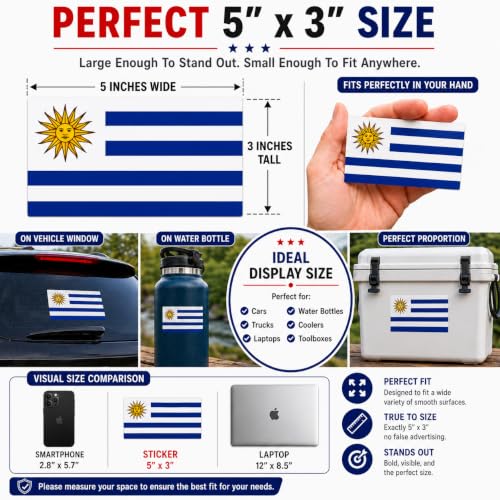 Image of Uruguay Vinyl Flag Stickers, Car Decals, Waterproof Indoor Outdoor, Laptop Stickers, Car Bumper, Uruguayan Flag, 5 x 3 Inches, Set of 3