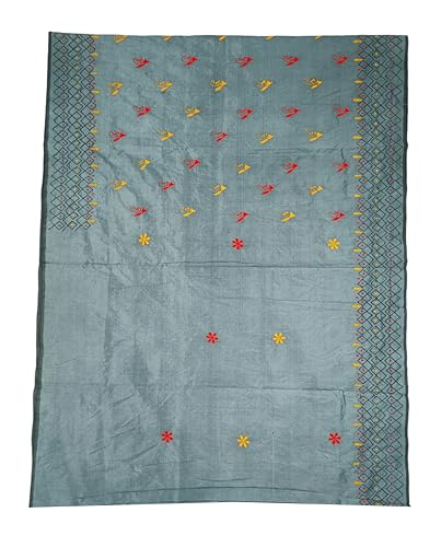 Image of SHRISTI CLOTHINGS Women's Hand Embroidered Cotton Silk Kantha Stitch Saree with Blouse Piece (SB4200924 GREYD47)