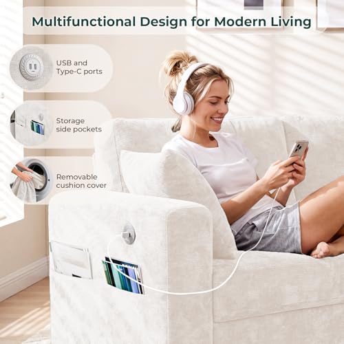Image of 87 inch Loveseat Sofa for Living Room, Modern Chenille Cloud Couch with USB /Type-C Charging Ports, Side Pockets, Removable Cover, Wide Armrests, Small Couch for Small Space, Easy Assembly, Beige