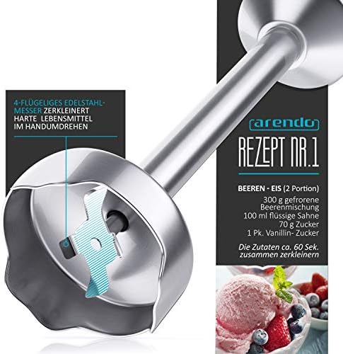 Bild 4 - Arendo - 1000W Stabmixer - Edelstahl Pürierstab - Mixer - vierflügeliges Messer - stufenlose Geschwindigkeitsregelung - Turbotaste - Kraftvoller 1000 Watt Motor - mit Messbecher - Weiß