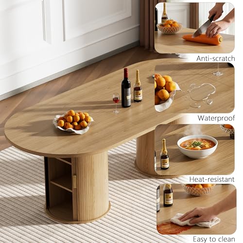 Image of 63 inch-94 inch Large Oval Extendable Dining Table for 6 8 10, Wooden Expandable Kitchen Table with Fluted Cylindrical Storage Base, Modern Farmhouse Expanding Table for Dinner Party Family Gathering, Natural