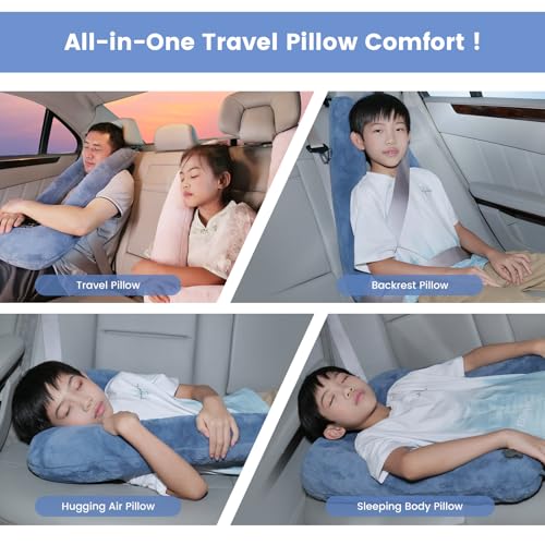 Image of Keemall Inflatable Neck Pillow for Kids - Portable Car Air Pillow for Kid Car Seat Sleeping, Safe U-Shape Air Pillow for Flight Travel, Blue Kids /Adult Travel Neck Pillow