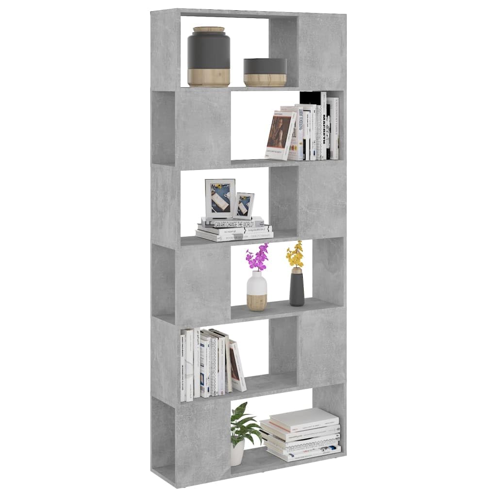 Scaffale separatore per ambienti in compensato grigio cemento 80 x 24 x 186 cm con 6 scomparti spaziosi, libreria versatile per organizzazione e decorazione