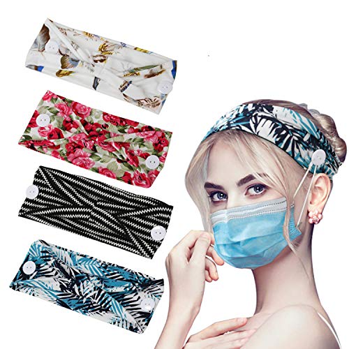 Headband with Buttons, Button Headbands Mask Holder for Nurses, Women, Non slip Hair bands Ear Saver for Yoga, Running, Sports (4 PACK)