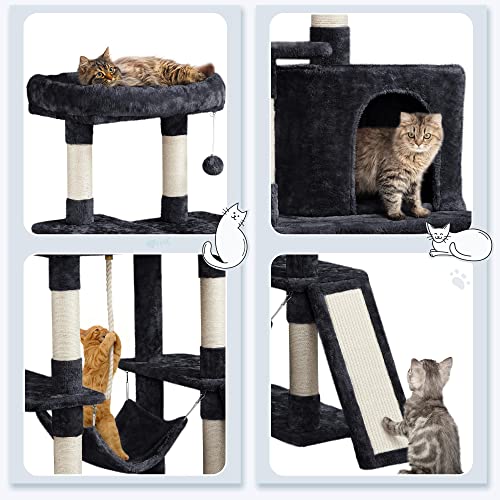 Image of Yaheetech 63in Sturdy Large Cat Tree for Indoor Heavy Cats, Tall Tower | Plush condo, hammock, sisal scratch posts, anti-wobble base, multi-pet friendly, easy assembly, scratch-resistant, black