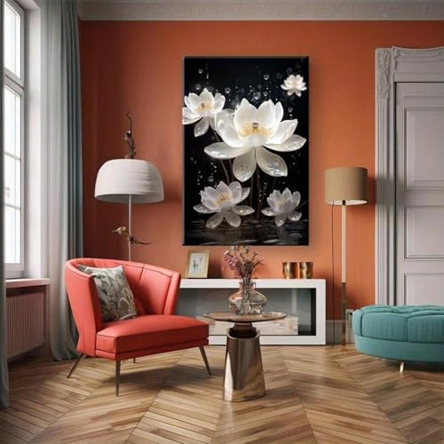 Peinture florale blanche grand tableau déco salon chambre à coucher
