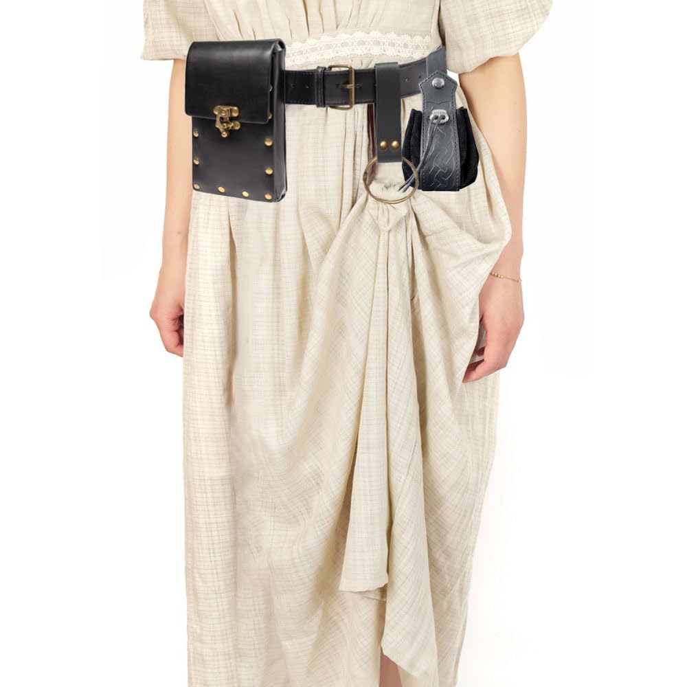 Belt Pouch Waist Bag Fanny Pack Steampunk Phone Holder Medieval Bag Leather Belt Renaissance Cosplay Costume Accessories (2Pouch-Black)