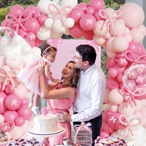Image of Coquette Birthday Decorations, JOGAMS 199Pcs Pink Bow Balloon Arch Kit with 260 Clear Balloons Pink Ribbon Bow for Coquette Bow Theme Birthday Bachelorette Baby Shower Bridal Shower Wedding Party