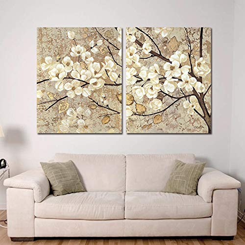 Peinture abstraite pour habiller un grand mur vide de salon fleurs blanches sur toile 60x90cm x2