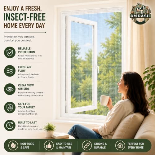 Image of DM DASII Window Mosquito Net with Self Adhesive Velcro Tape | Fiberglass Mesh Window Insect Screen | Washable Reusable Fly Bug Protection Mesh for Home | White, 2 * 3 ft |