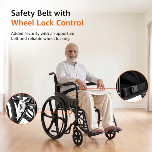 Image of Amazon Basics Foldable Wheelchair | Adjustable Armrests & Footrests | Comfortable Cushioned Seat | Steel Frame | Easy to Manoeuvre for Indoor & Outdoor Use | Elderly & Patient Care