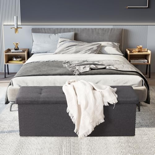 Storage Ottoman Bench, Foldable Upholstered Foot Rest Fabric Storage Chest Coffee Table, End of Bed Bench, Padded Seat, for Living Room, Bedroom, Entryway, Holds Up to 660 lb, 43 Inches, Grey
