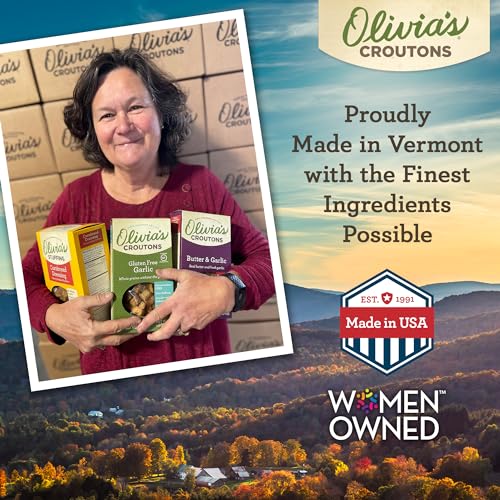 Image of Olivia's Croutons Gluten Free Garlic Croutons, 0.75 oz, 50 Count | Ancient grain bread, dairy free, vegetarian, individual packs, salad and soup topping, non gmo