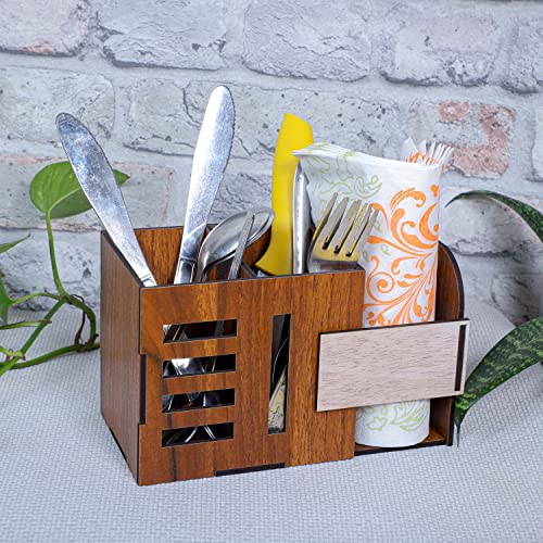 Image of Deskart Kitchen Cutlery Holder | Spoon, Fork, Knife And Paper Napkin Organizer Stand For Home & Kitchen, Resturant, Cafe Dining Table Wooden MDF Dining Table Organizer (Classic)