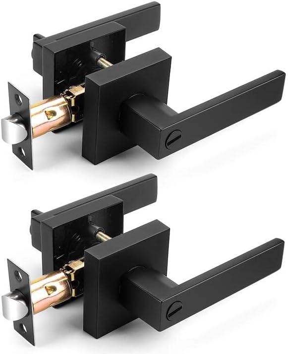 Probrico Interior Black Door Handle, Heavy Duty, Flat Square Privacy Door Handles, Keyless Door Levers Lockset for Bedroom and Bathroom (2 Pack, Modern)