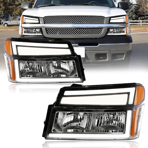 Fullux LED DRL Headlights Compatible with 2004-2012 Chevy Colorado & GMC Canyon Headlamp Amber Reflector Chrome Housing Left Right 2PC Replacements