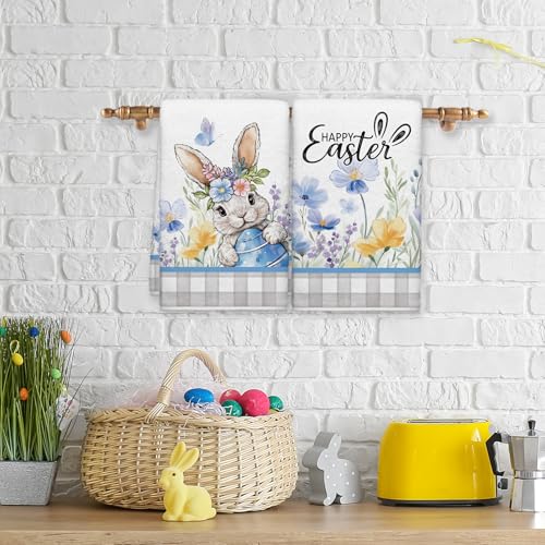 Image of Spring Summer Bunny Kitchen Towels, Farmhouse Egg Flowers Dish Towels Set of 2, Easter Watercolor Wildflower 18 x 26 Inch Hand Towel Quick Drying Dishcloth Decor for Kitchen Bathroom Home