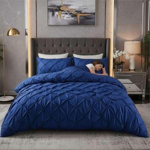 Image of Pinch Pleated Duvet Cover Set 1000TC 100% Cotton Premium 3-Pieces 1-Duvet Cover & 2-Pillow Cover Luxury Look Home and Hotel Zipper & 8-Tie Closure (Royal Blue, Single 60 X 90 Inch)