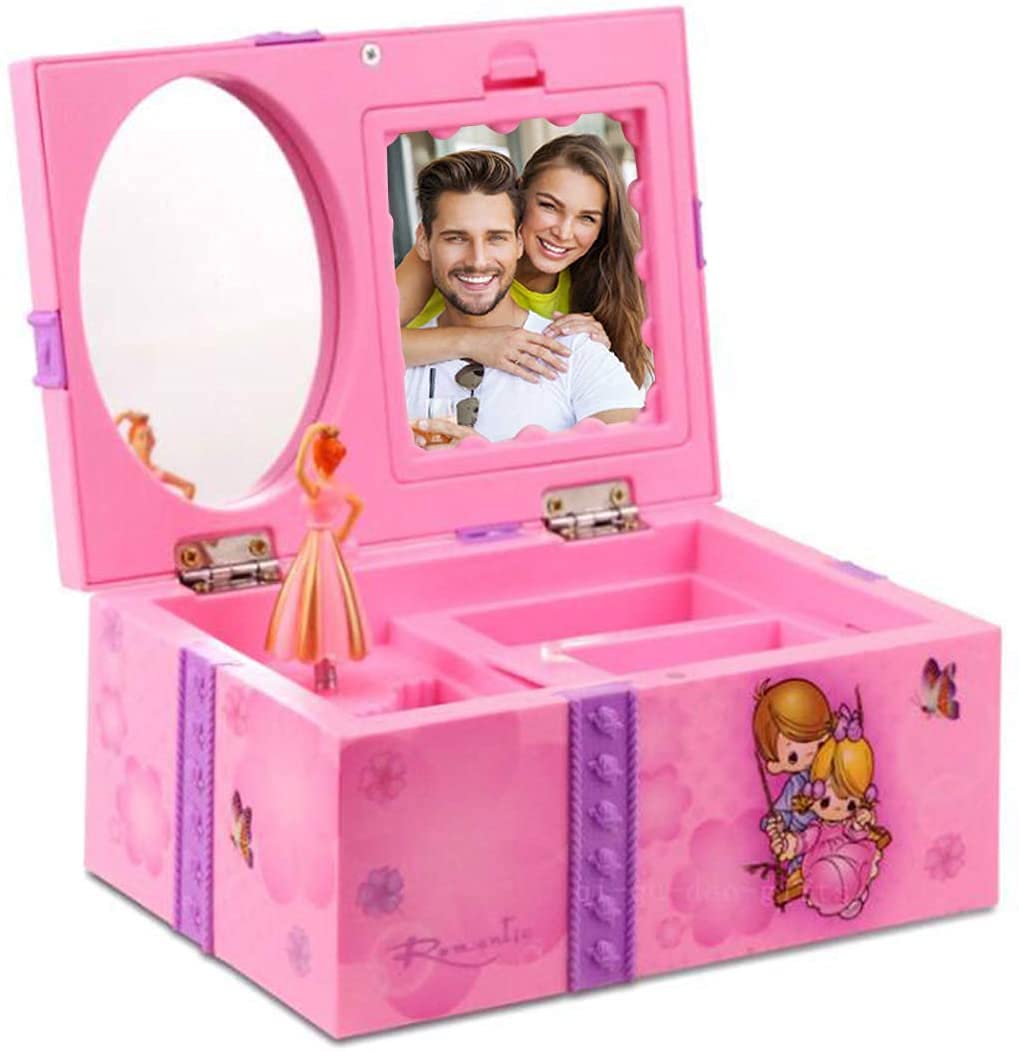 Jewel Storage Case, Princes Cute Spinning Ballerina Music Jewellery Box with Mini Makeup Mirror, Photo Frame for Girls Birthday Gift (Purple)