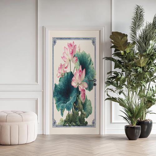 Feuille de Lotus Lotus Poster de Porte 3D Trompe L'oeil, Fleur Oriental Chinoise Auto-Adhésif Sticker Porte pour Chambre Cuisine, Bordure Bleu Porcelaine...