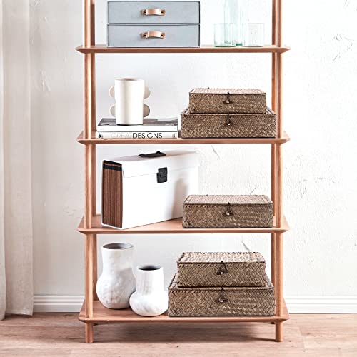 Image of Hipiwe Set of 3 Flat Wicker Basket Bins with Lid - Handwoven Seagrass Boxes