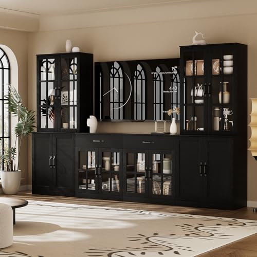 VOWNER 71" TV Stand for TVs up to 50", Entertainment Center with Bookcases & Drawers, 4PCS Media Console with Glass Doors, Tall Media Center for Living Room, EHHE (Black, 95" Lx15.6 Wx71 H)