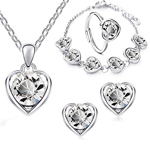 QKEPCY Conjunto Joyas Corazón Cristal Brillante Collar Pendientes Pulsera Anillo Mujer Elegante Plata