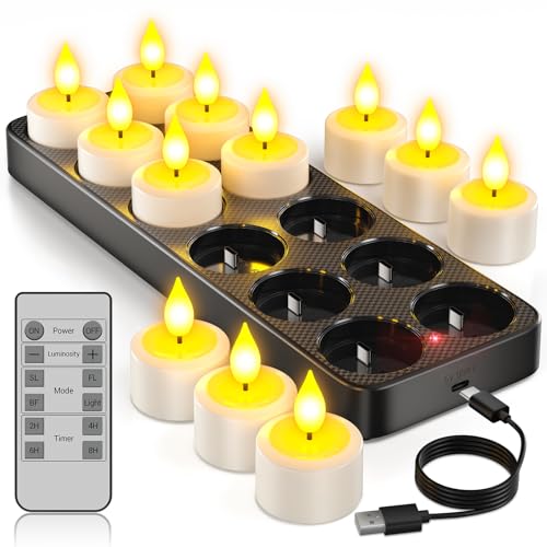 Teelichter mit Fernbedienung 26 Yme Aufladbare Teelichter mit Timerfunktion und Ladestation, 12er LED...