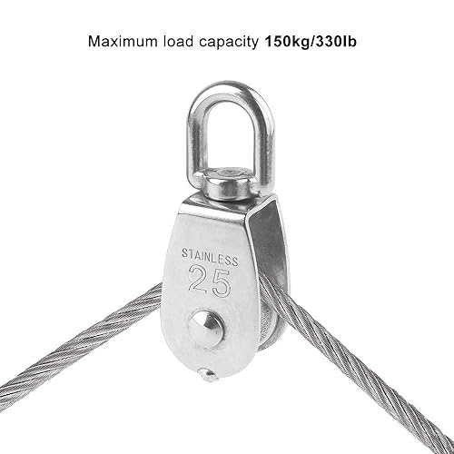 Miniatura 3 de Rocaris Paquete de 6 rodillos de polea individual de elevación M25 con carga de 330 libras, acero inoxidable 304 resistente, cuerda de elevación