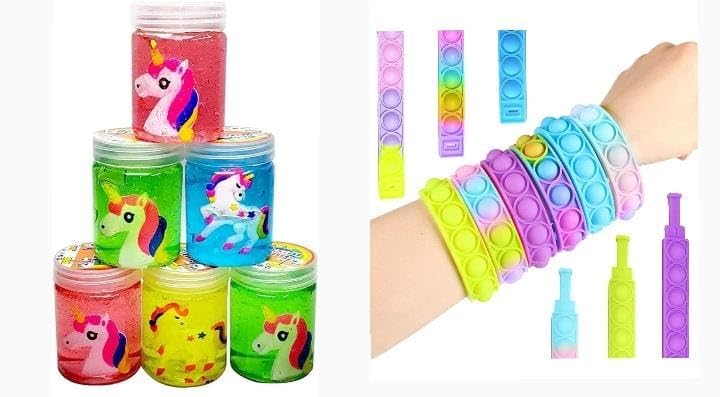 Atipriya Combo of 6 Unicorn Slime with Unicorn Inside | Soft & Squishy Crystal Clay Slime, Soft and Non-Sticky, Assorted Colours with Free Any 2 Piece of POP-IT Stress Relief Band Worth