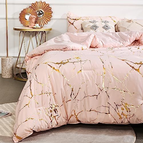 Smoofy Blush Pink Comforter Queen Bed Set Marble Print Glitter Gold Bedding Set Luxury Shinny Pink Queen Comforter Set for Men Women Queen Size Bedding Set 3Pcs (1 Comforter, 2 Pillowcases)