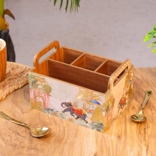 Image of Multipurpose MDF Wooden Cutlery Holder| Enamel Coated |Waterproof Spoon Stand with 4 Compartments for Kitchen, Dining Table & Home Decor (Red Elephant)