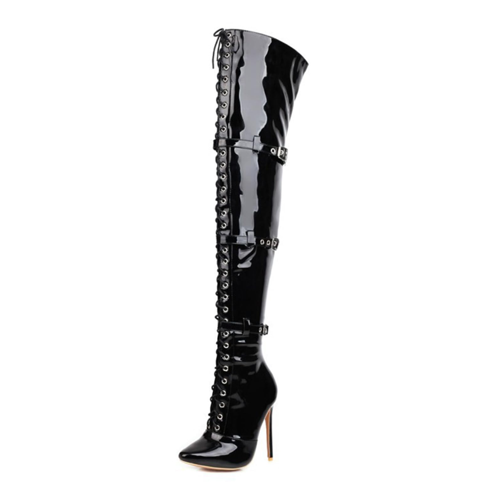 12CM/4.72IN Cintura Fibbia Punta Tacco Alto Stivali Sexy Nightclub sopra Il Ginocchio Stivali Vernice Stivali a Spillo in Pelle per Le Donne