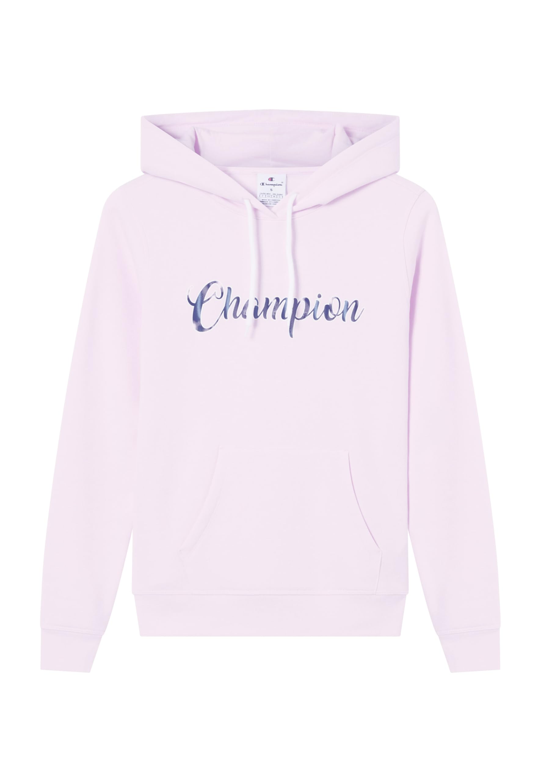 Champion Women's fleece hoodie, rib cuff and hem, front kangaroo pocket, hood with adjustable drawcords, graphic logo Pink