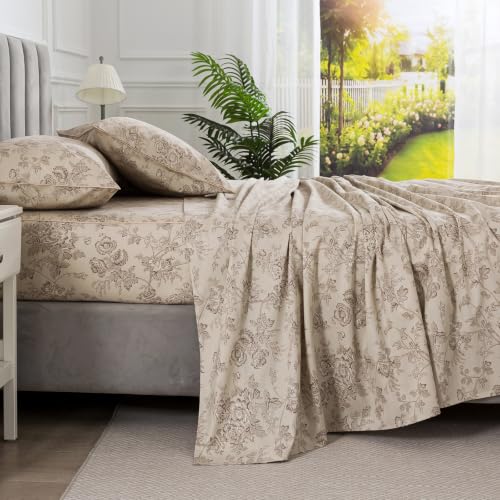 Image of Vintage Beige Floral Percale Bed Sheets King Size Deep Pocket 4Pcs | 100% Cotton Brown Flower Sheet Set, Neutral Print Farmhouse Sheets, Shabby Peony Chic Toile Bedding, Cottage Core, Soft Crisp