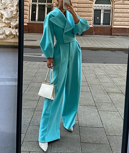 SOMTHRON Women's 2 Piece Outfits Notched Lapel Double Breasted Trench Coat Cropped Blazer Wide Leg Pants set2