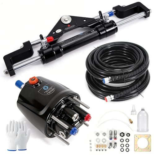 Hieearui 300HP Outboard Hydraulic Steering Kit Hydraulic steering system consists of Hydraulic Pump Hydraulic Cylinder Two 26FT Nylon hoses and installation accessoriesOutboard Motors