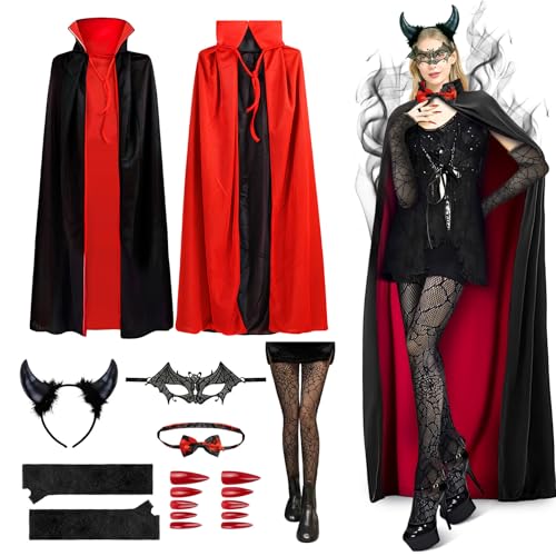 Fantasia de vampiro para mulher, disfarce mulher, capa de Halloween mulher, chifres do , remendo de renda nos olhos, luvas de renda, acessórios vampiro para mulher, para o Halloween de