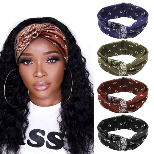 Image of DRESHOW 4 Pack Boho Cotton Non-Slip Headbands for Women Girls Yoga Workout Running Knotted Turban Floral Elastic Head Wrap