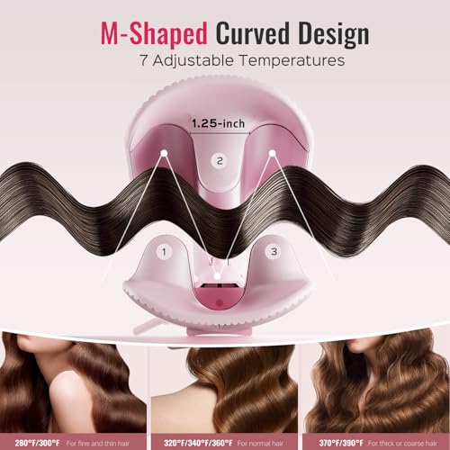 Image of Hair Waver LENA S16 Beach Waves Curling Iron, Hair Tool for Women with 3 Titanium Ceramic Barrels, Anti-Scald Protection, Smart Timer & Adjustable Temps, Dual Voltage, 1.25 Inch, Pink