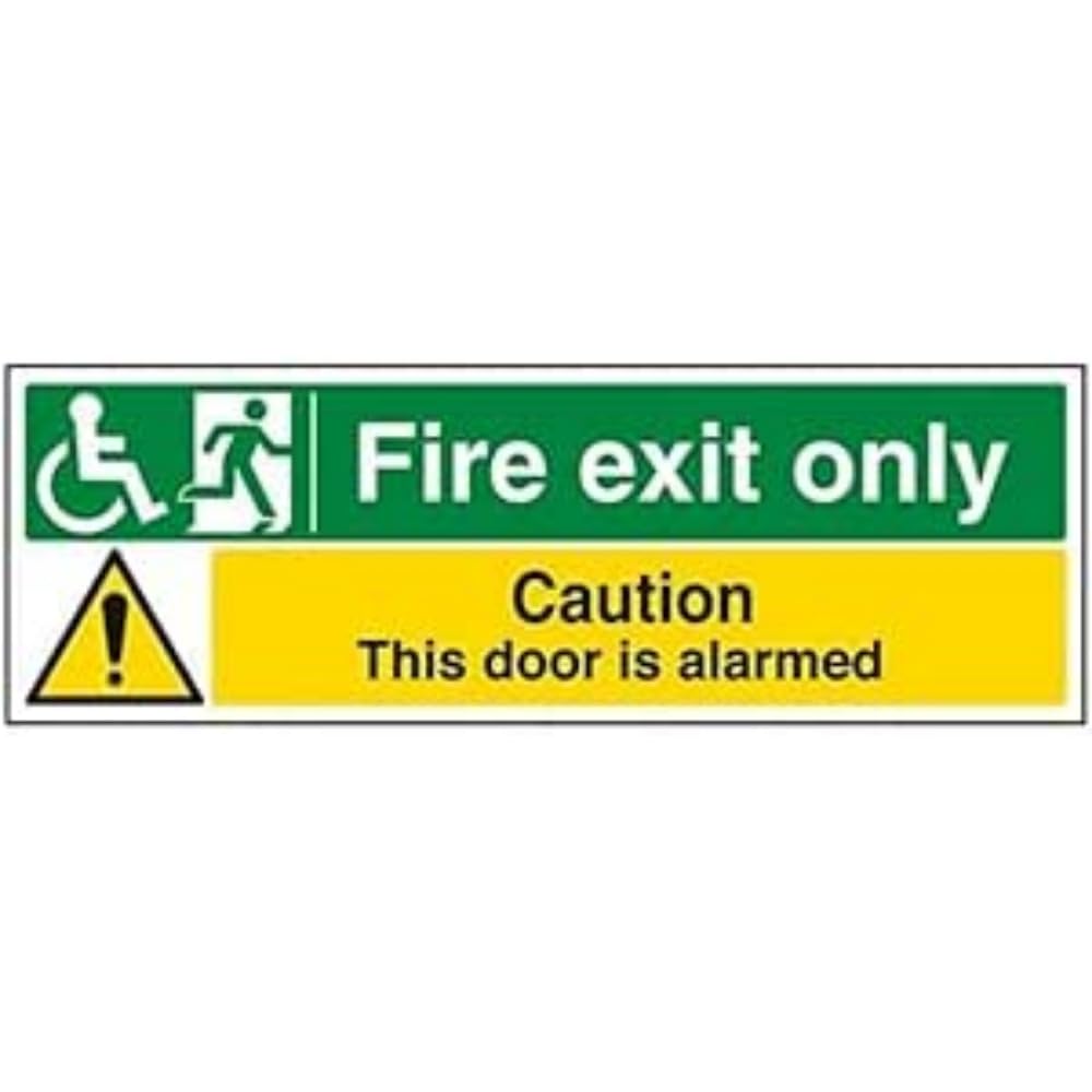 V Safety Wheel Chair Fire Exit Only/Door Alarmed Sign - 450mm x 150mm - 1mm Rigid Plastic