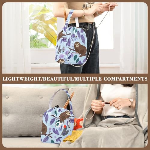Image of Tatenale Crochet Bag Yarn Bag Knitting Project Bag with Pockets and Handle Portable Yarn Storage Organizer Tangle Free 8.3x11 InchCartoon Sloths Branch Purple35