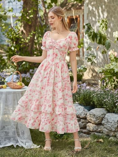 Image of Scarlet Darkness Women Floral Maxi Dress Puff Sleeve Tea Party Corset Dress | Pockets, Ruched Bust, Ruffled Hem, for Cottagecore Fairy Milkmaid Vacation