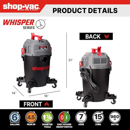 Image of Shop-Vac 6 Gallon Ultra Quiet Shop Vacuum Wet and Dry, 4.5 PHP Powerful Suction Wet /Dry Vacuum with Attachments, 1-7 /8 in. x 7 Ft Hose, 15 Ft Cord, Ideal for Jobsite, Garage, Workshop & Home, 5430541