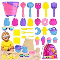 31PCS Beach Toys Set for Girls Kids, Collapsible Sand Bucket and Shovels Set with Watering Can, Ice Cream Cake Sand Molds,Mesh Bag, Outdoor Play Travel Beach Toys for Kids Toddler Boys Girls